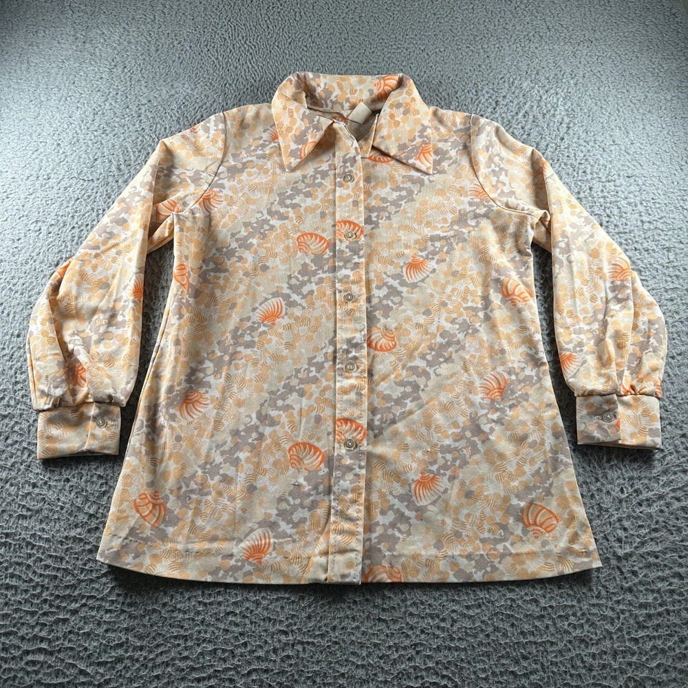 Vintage 70's Polyester Button Up Long Sleeve Shell‎ Print Beige Orange Womens 16